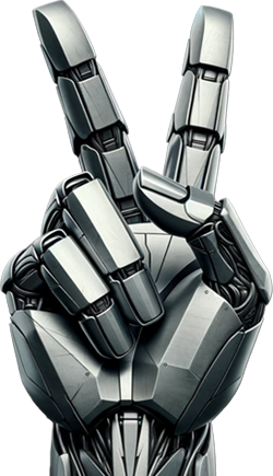 Das Againsters Symbol. Eine Roboterhand im Peace-Zeichen, verkörpert die Verschmelzung von Technologie und Frieden.